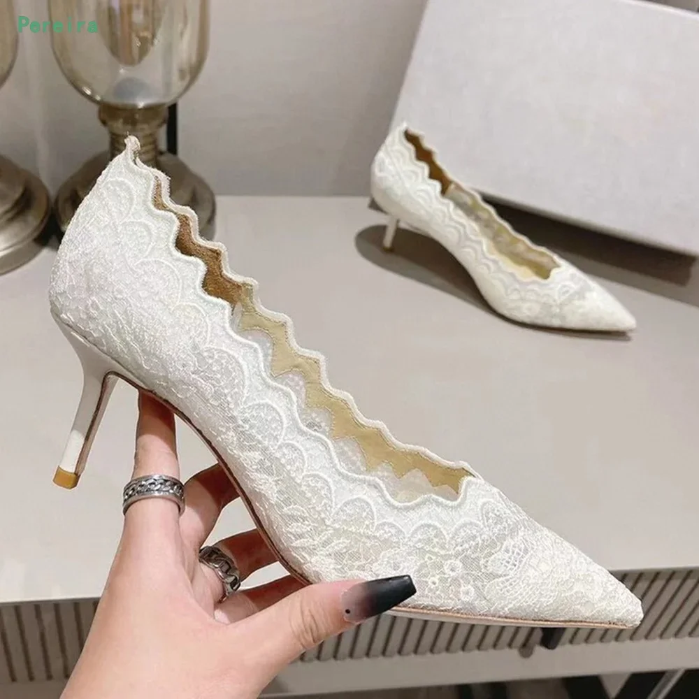 

White Lace Slip-on Pumps Summer 2022 New Arrival Women's Hollow Solid Thin High Heel Pointed Toe Sexy Fashion Party Shoes