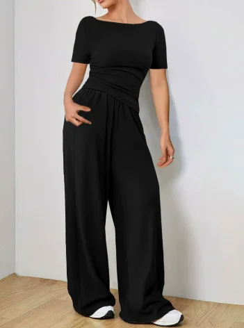 Women's Two-piece Wide Leg Pants Fashion Set Irregular Short Top Women's Clothing Yoga Exercise Set Спортивный Костюм Женский  image 2