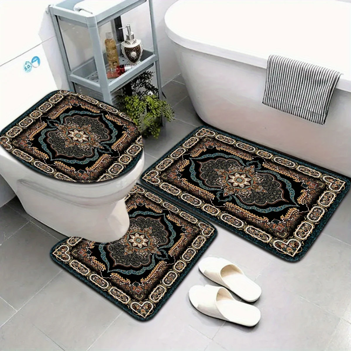 Bohemian Style Dark Brown Arrow Pattern Bathroom Mat Set of 3 - For Toilet Seat and Floor, U-Shaped Footstool, Polyester Backing