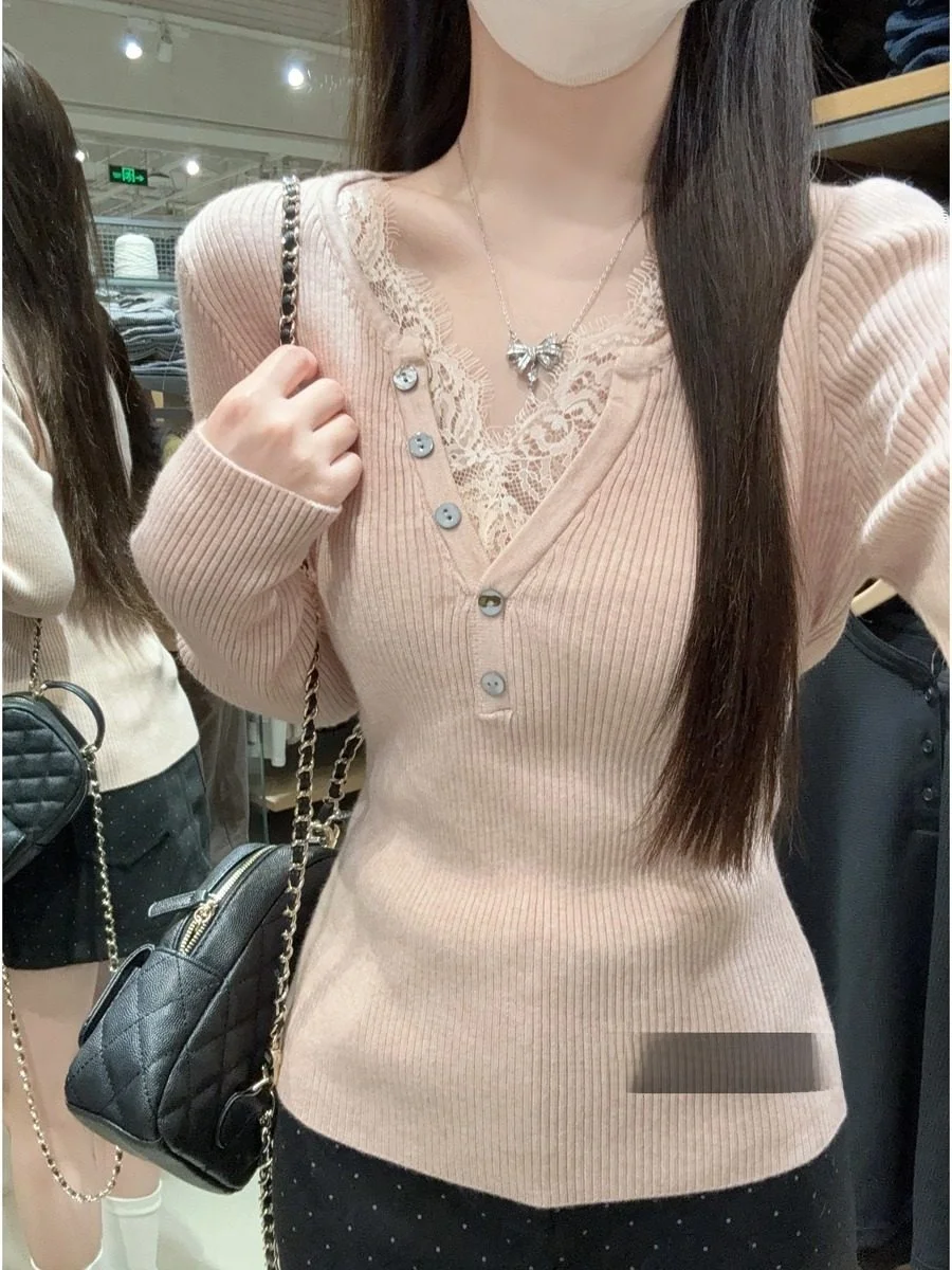 

Зима 202, женский облегающий длинный вязаный топ све, V-Ne, кружевной корейский слэ, модная повседневная одежда, повседневное использование