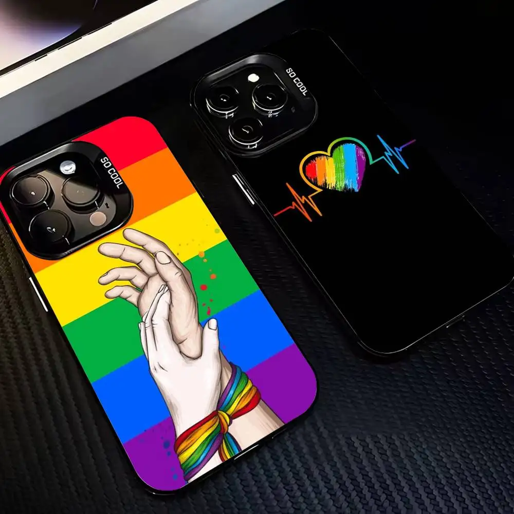 

Love is Love Rainbow Phone Case For iPhone17,16,15,14,13,12,Pro Max Black Colored Silver Plated Inside Cover