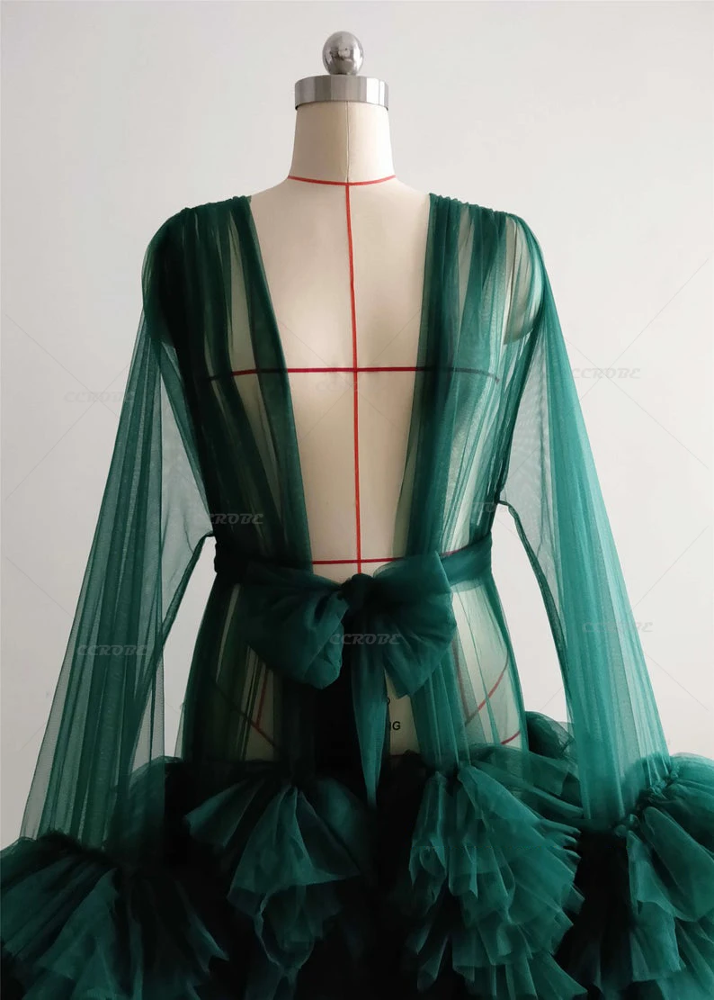 Ruffle Tulle Maternity Dress Perspective Sheer Nightgown Green Sleepwear Bridal Robe Wedding Photoshoot Pregnant Dressing Gown