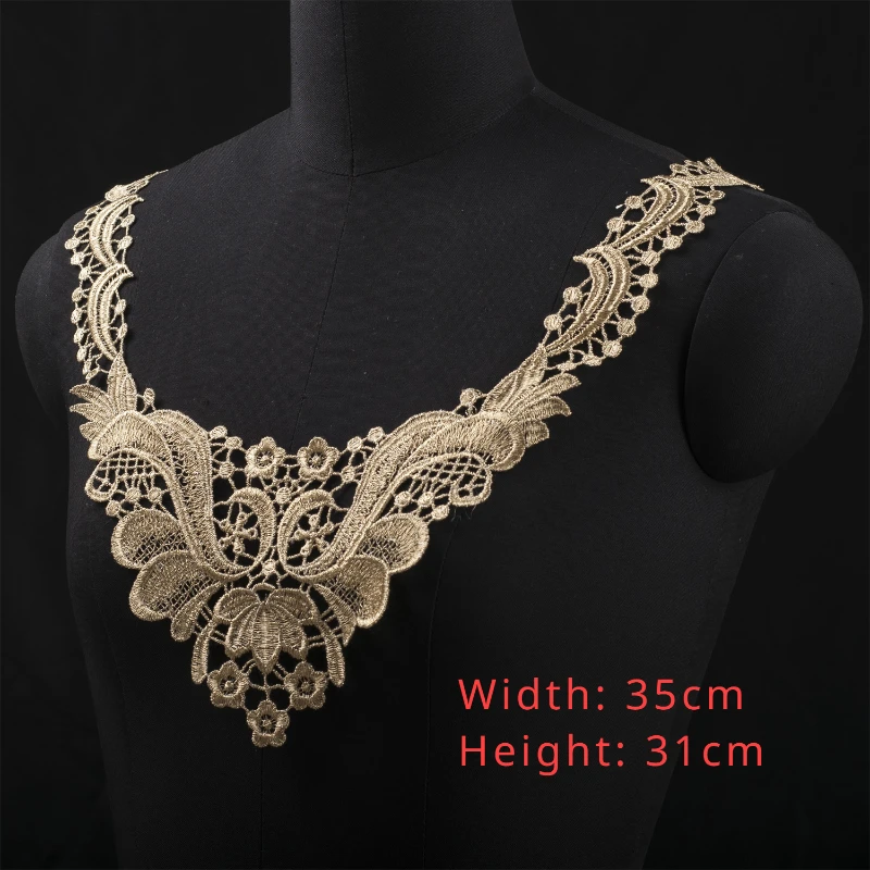 3D Gold Polyester Embroidery DIY Flower Lace Collar, Fabric Sewing Applique, Ribbon Trim, Neckline Guipure Cloth, Wedding Decor