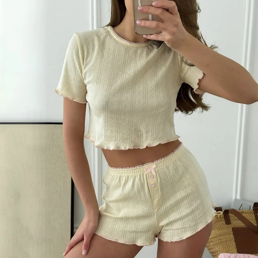 

HiLoc Home Yellow Lace Shorts Pajamas Suits 2025 Sexy Crop Top Tee With High Waist Shorts 2 Piece Sets Casual Bow Outfits Women