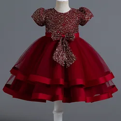 2023 Children's sequin bow princess dress 0-5 year old girl bubble sleeved puffy dress banquet birthday high-end performance dre