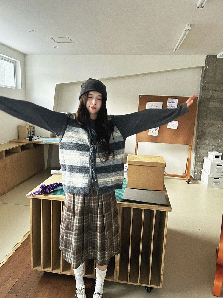 

VOUSALME Винтажный полосатый жилет-кардиган для женщин, свободный крой, с поясом, стройнящий эффект, открытый топ