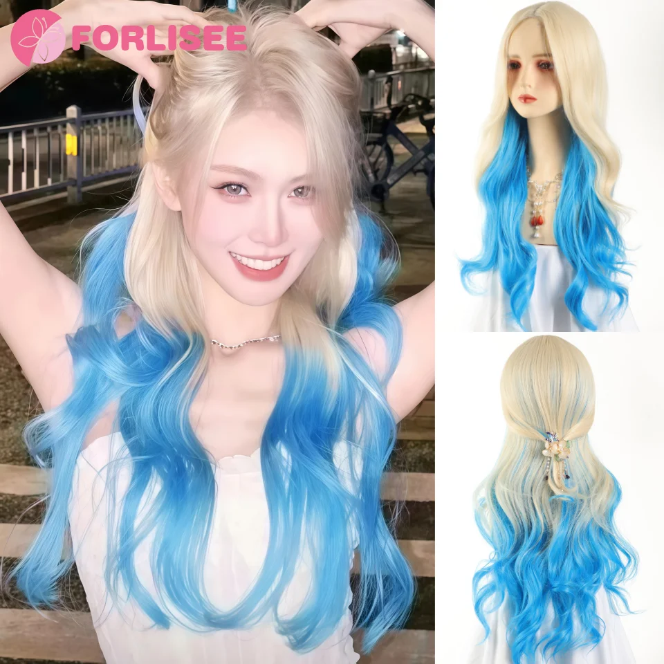 FORLISEE สังเคราะห์ยาว Wavy Lolita วิกผม Bangs วิกผมสาวน่ารักสีขาวทองสีฟ้า Ombre คอสเพลย์ปาร์ตี้ฮาโลวีน Harajuku วิกผม