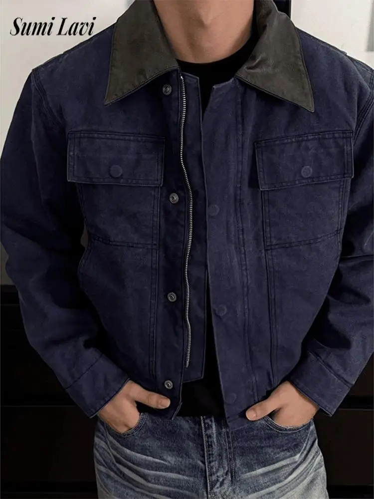 Korean Style Zip-up Jackets Mens Stylish Patchwork Lapel Long Sleeve Coats Men 2026 Autumn Casual Crop Washed Outerwear