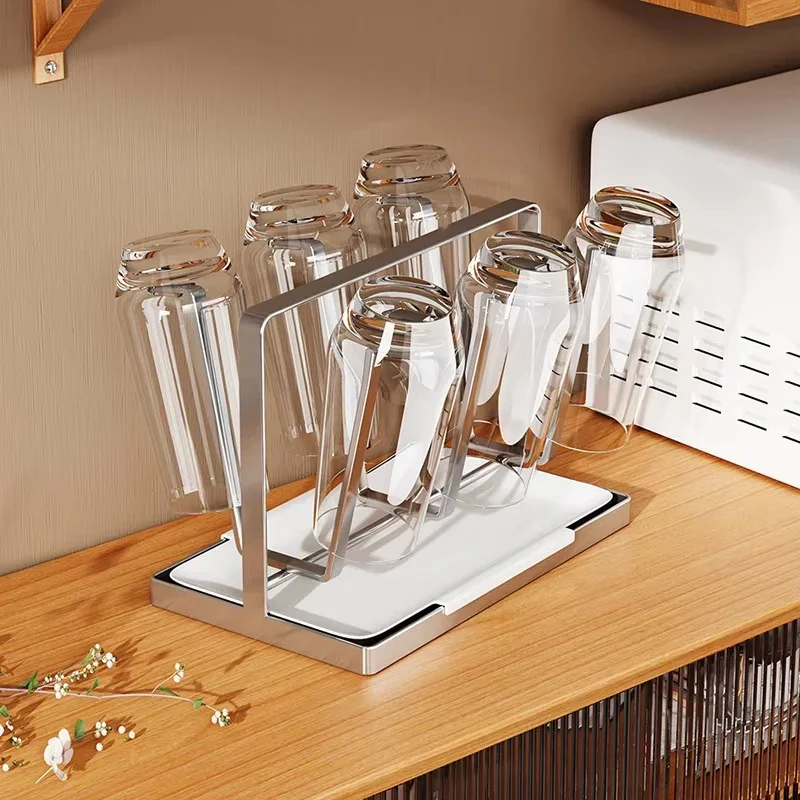 6 Slot Cup Draining Rack Stainless Steel Material Cup Holder Mug Glass Cup Storage Rack Kitchen Bar Desktop Cups Organizer Rack