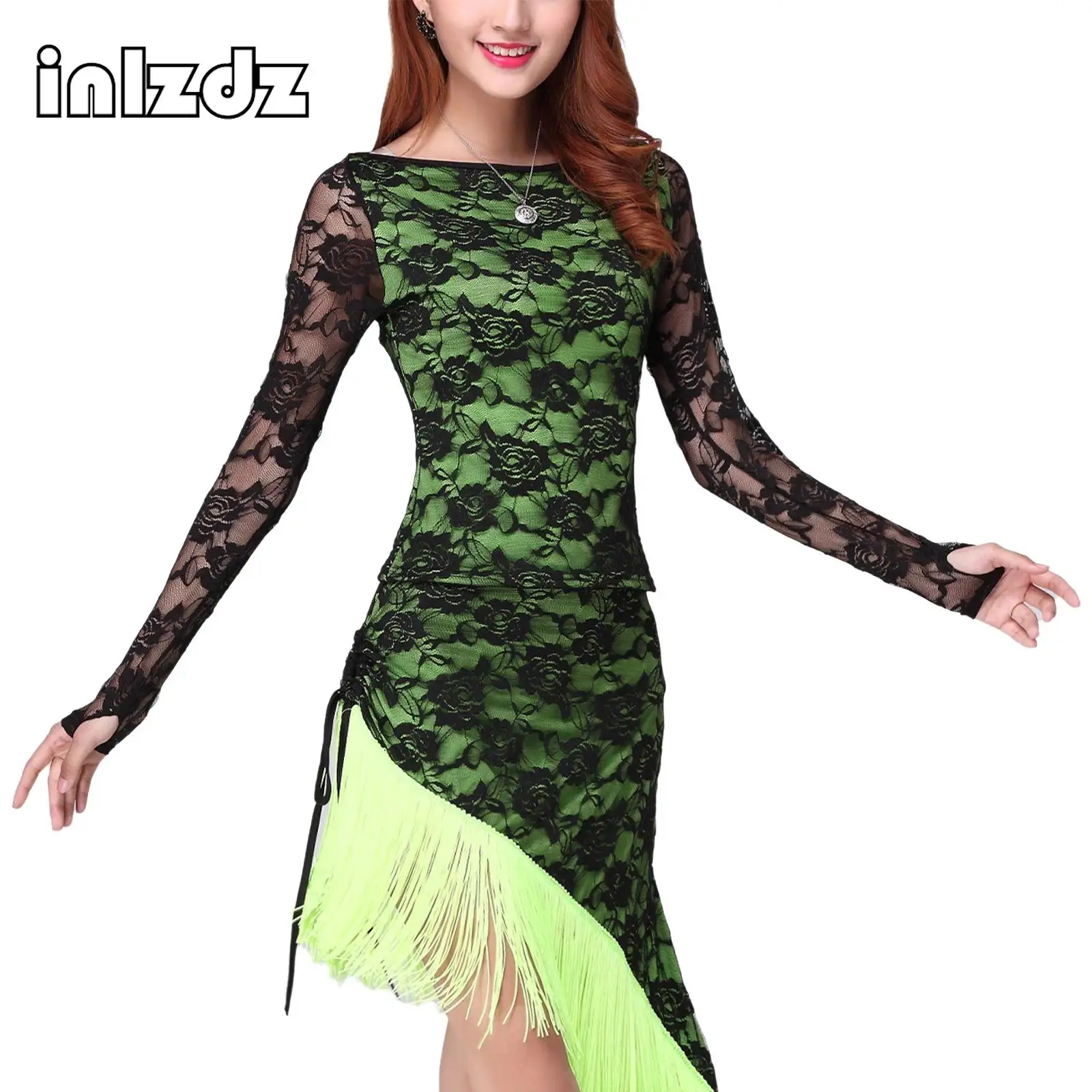 

Womens Modern Dance Blouse Latin Chacha Dance Costume Rose Sheer Lace Long Sleeve Pullover Tops Slim Shirt Daily Casual Wear