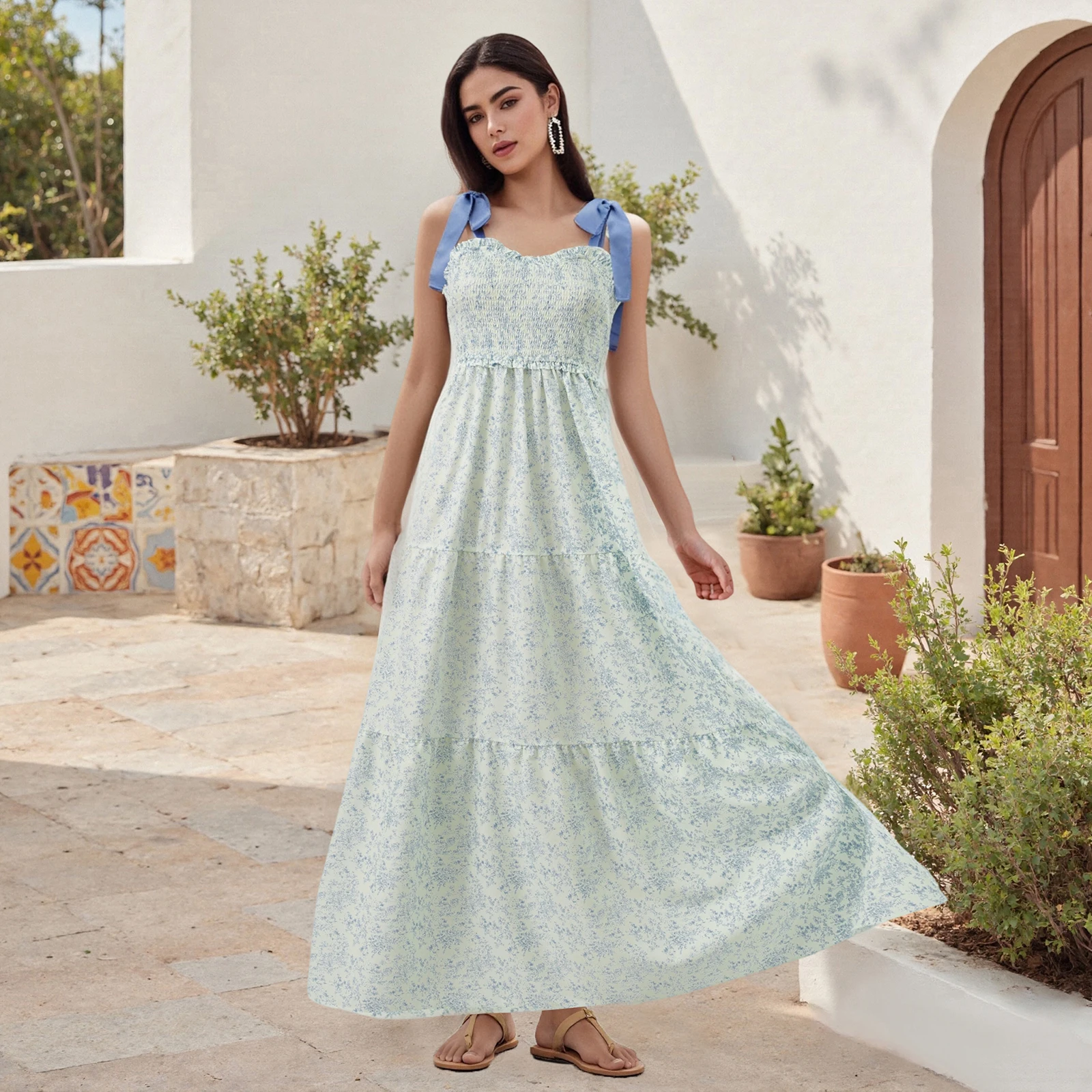 Holiday Women's Floral Tie Shoulder A-line Long Dress Smocked Sweetheart Neck Sleeveless Backless Tiered Ruffle Dress