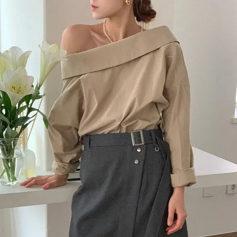 Neploe Korean Style One Line Neck Off Shoulder Design Shirt 2024 Summer Women Loose Casual Versatile Solid Color Long Sleeve Top