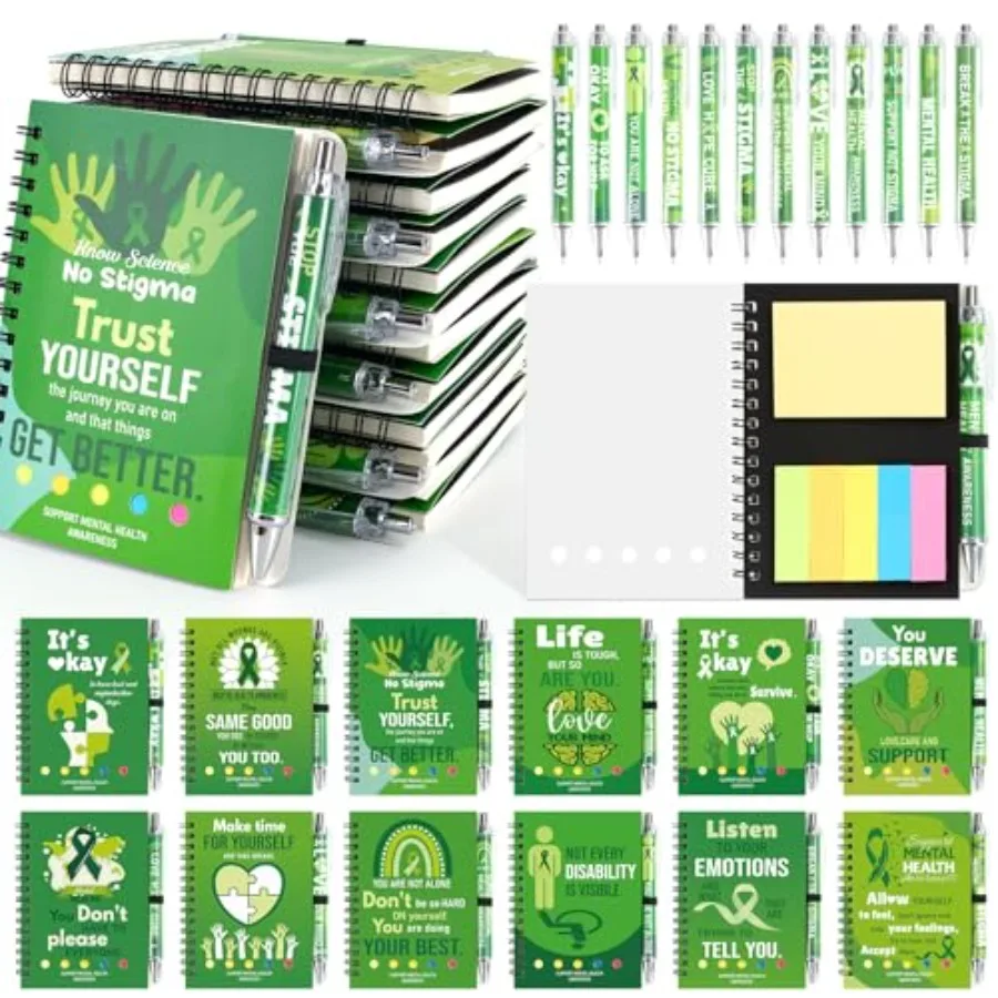 

24 Sets/48 Pcs Mental Health Awareness Items Notebooks with 24 Pens Green Ribbon Spiral Notebooks Pocket Journal Notepad for Pu