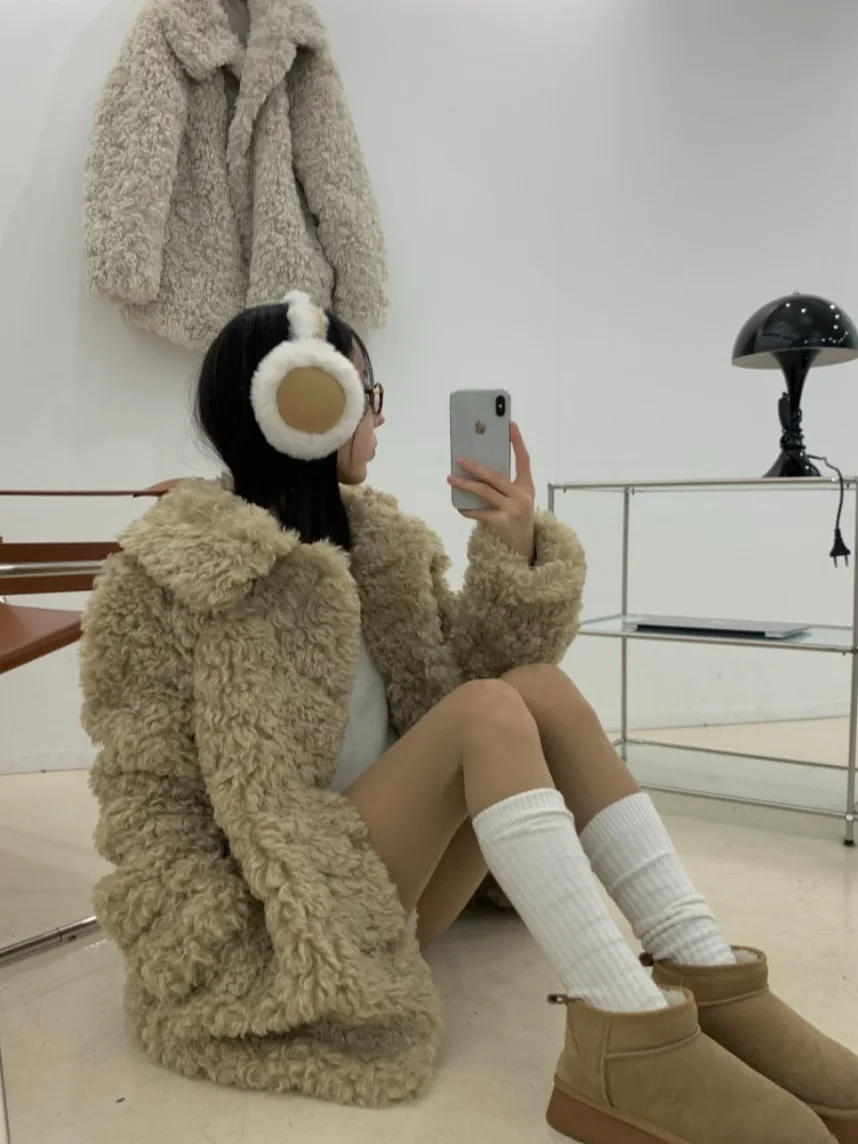 Chic Korean Sle Warm Cotton Filled Fake Fur Outerwear Spring Autumn Winter Commute Suitable Ladies Faion Knitwear