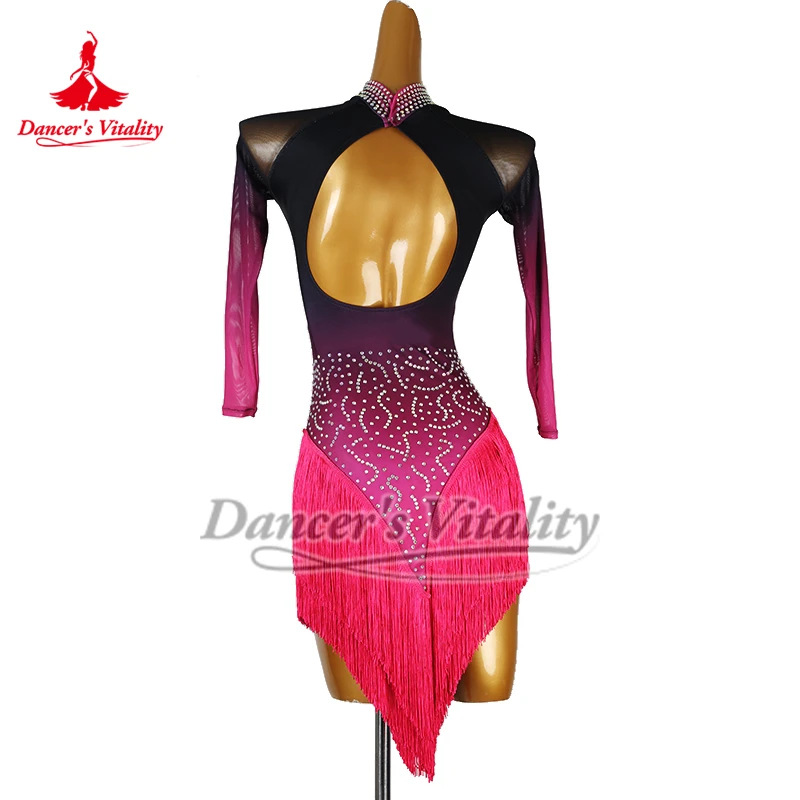 Black and Rose Gradient Color Latin Dance High-necked Luxurious AB Stones Dresses Adult and Child Chacha Samba Clothes Customize