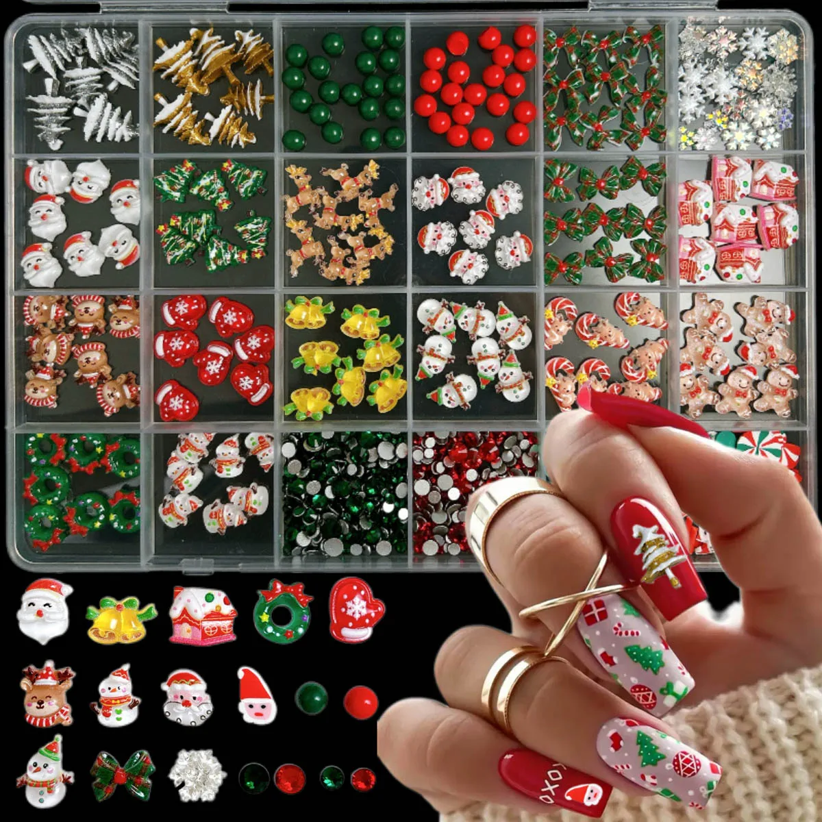 

1Box 3D Adorable Santa Claus Elk Bell Nail Charms Creative Christmas Tree Snowflake Nail Art Decorations for DIY Christmas Nails