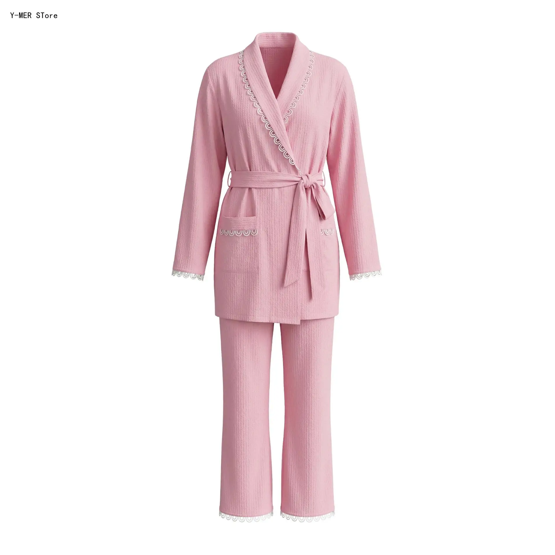 

New Autumn Women Luxury Lyocell Jacquard Robe & Pants Set Elegant Lace Trim Lace-Up Sleepwear Casual Home Night Bathrobe