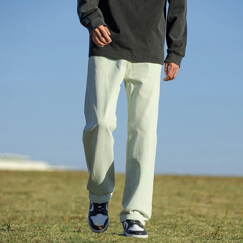 Men's Pockets Spring Autumn Button High Waist Zipper Gradient Solid Denim Wide Leg Casual Loose Work Trousers Vintage Pants