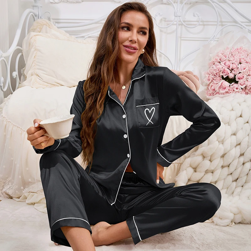 Women's Home Clothes Heart-shaped Embroider Satin Pajama Set Autumn Long Sleeve Button Up Shirt Top & Pants Sleepwear Loungewear