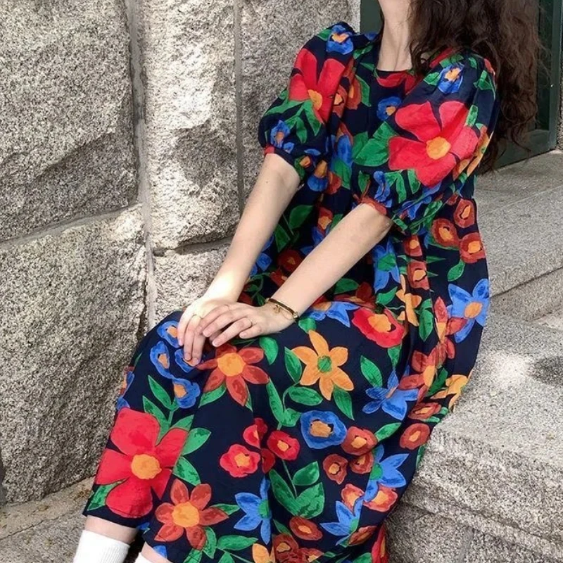 Summer Beach Style Lantern Sleeve Printed Chiffon Dress Fashion Females Short Sleeves O-Neck Long Dress Pullover Dropshipping