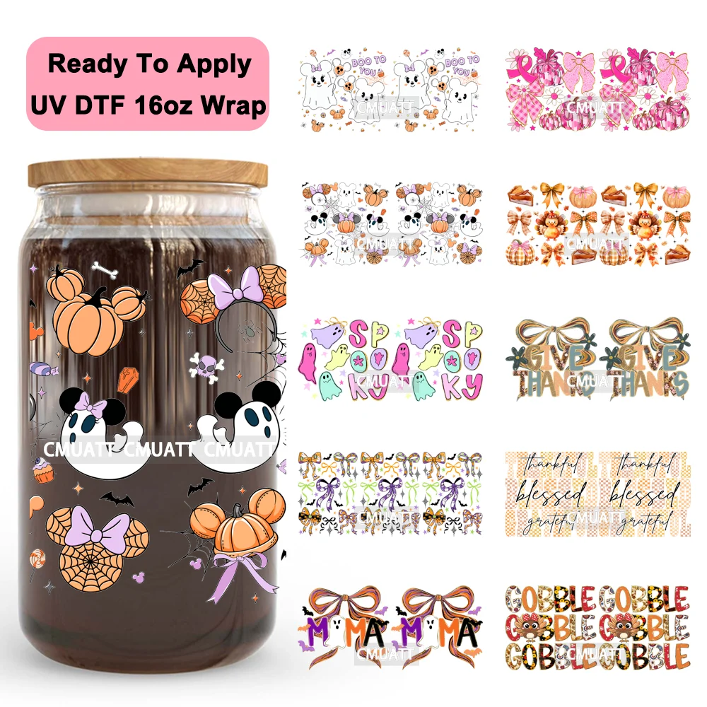 

Spooky Ghosts Halloween Thanksgiving Pumpkins UV DTF Cup Wrap Ready To Apply Transfer Stickers Waterproof For Libbey Glass Can