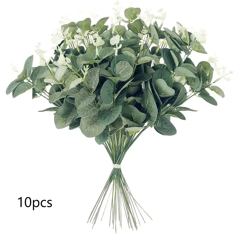 

10pcs Eucalyptus Leaves Bunch Branch Artificial Plastic Plants Leaves Green Stems Wedding Faux Fake Flowers Cake DIY Decor