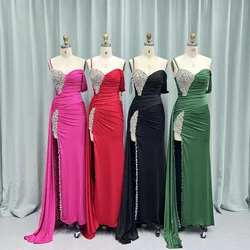 Unique Black High Slit Crystals Long Prom Dresses Straps Knitted Formal Evening Party Gown Mermaid Vestido de Gala