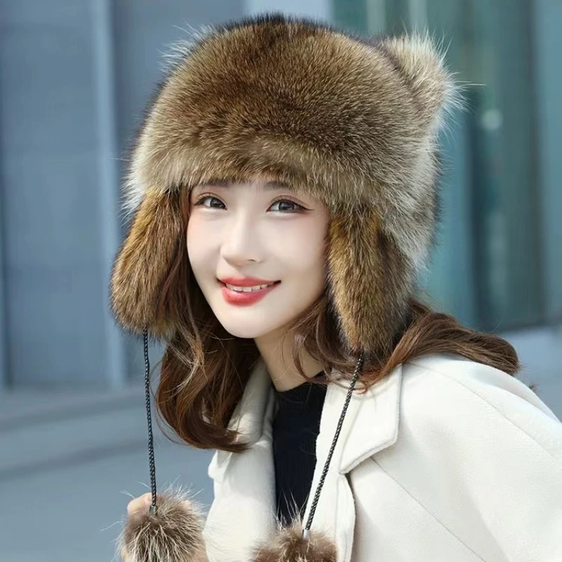 

New Ladies Plush Raccoon Tail Fur Bomber Hat Animal Tail Autumn Winter Ski Earmuffs Beanies Soft Adult Kids Winter Hat Wholesale