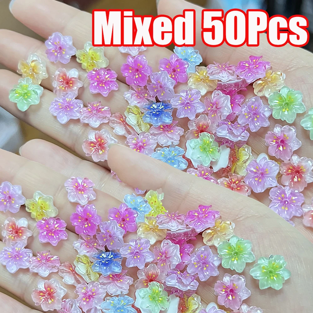 50 قطعة مختلطة ثلاثية الأبعاد الملونة الاكريليك الزهور مسمار الفن التدرج زهر الزهور مسمار السحر 8x10 مللي متر خمسة بتلات فلوريت مانيكير أجزاء #1
