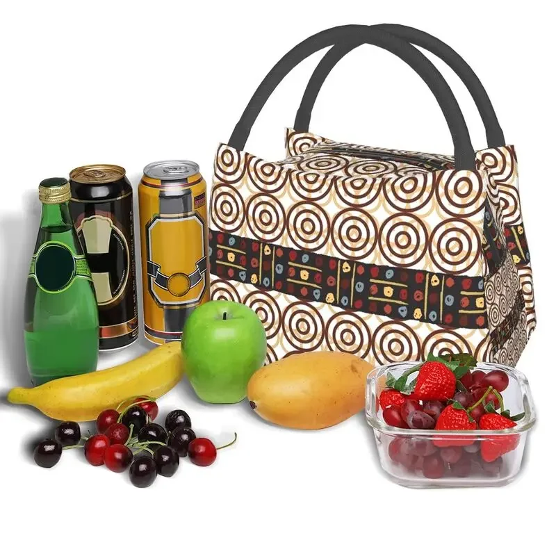 African Brown Kitenge Fabric Print Insulated Lunch Bag for Work Office Kanga Portable Thermal Cooler Bento Box Women