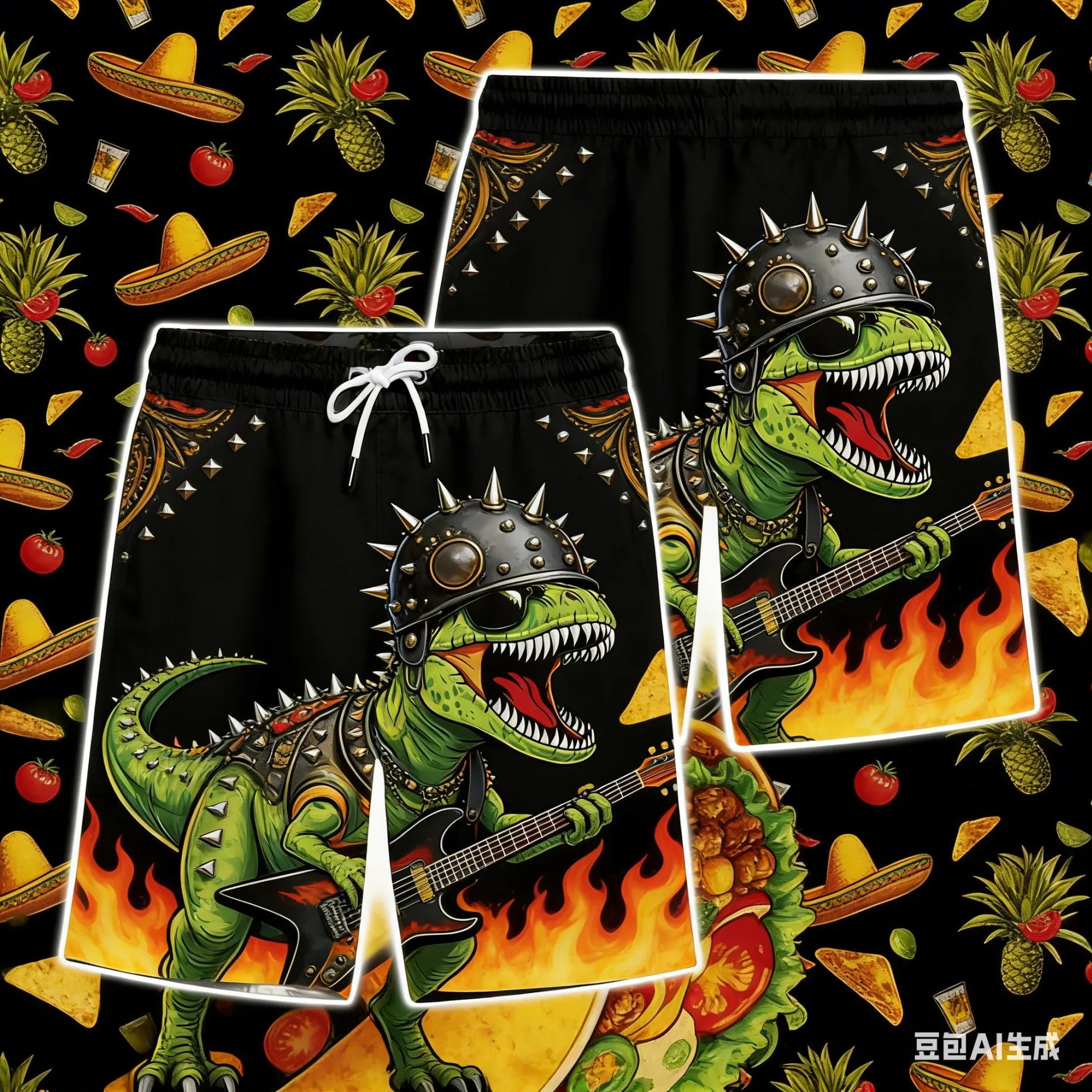 

Men's Punk Rock T-Rex Mexican Print Beach Shorts Guitar & Flame Graphic Quick Dry Swim Trunks Summer Vacation Board Shorts