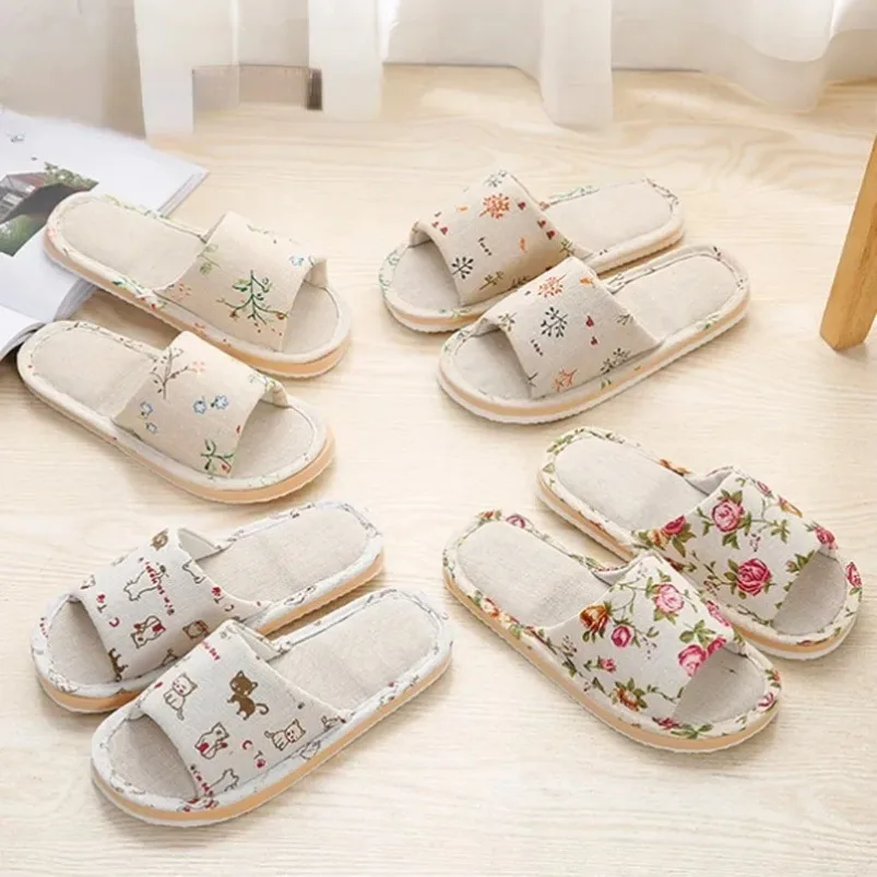 House Flax Slippers Women Floral Autumn Cute Home Indoor Non Slip Funny Sandals Cartoon Kawaii Linen Cat Shoes Flat  Striped