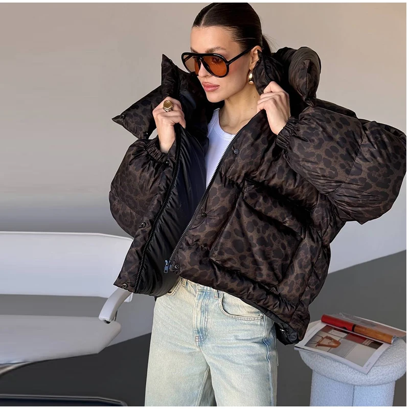 Women's Leopard Print Hooded Cotton Padded Jackets Stand Collar Zipper Short Puffy Coats 2026 Winter Lady Street Warm Outerwear