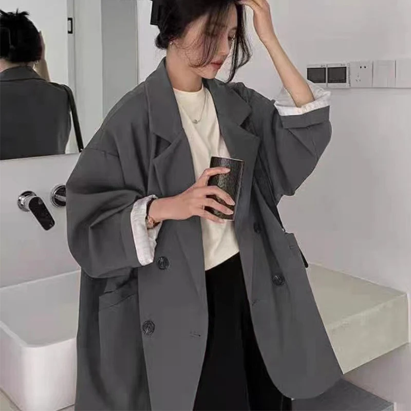 特大カジュアルブレザー女性のための春秋ルーズ多用途シングルブレストスーツジャケット気質ヴィンテージオフィスコート