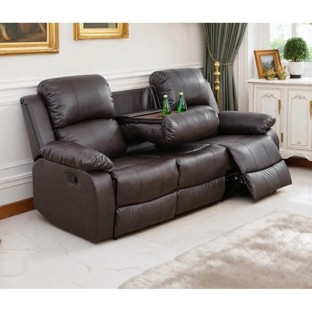 

3 Seater Reclining Sofa with Cup Holders and Drop-Down Table, Brown Leather-Bonded for Home/Office
