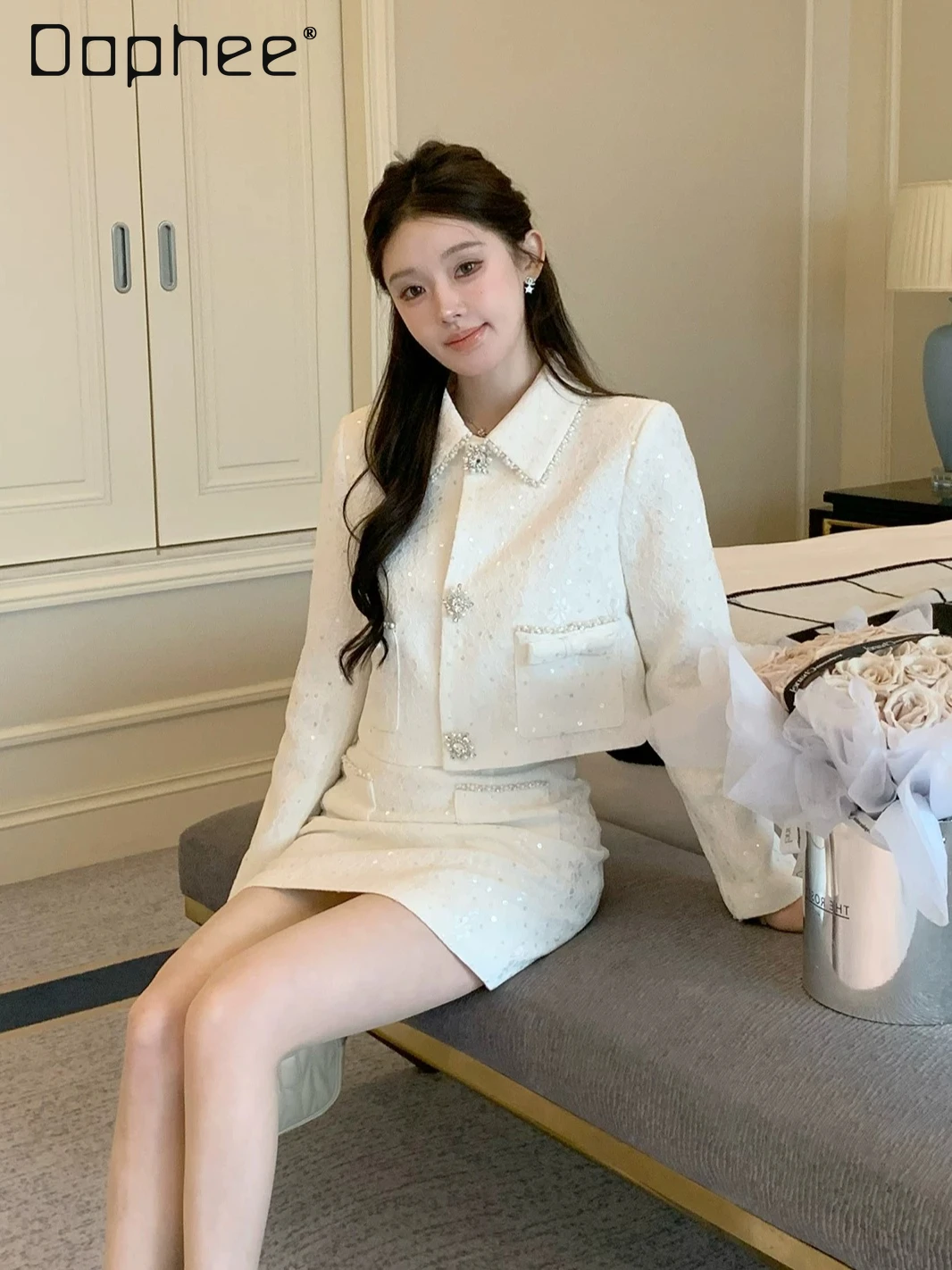 

French Light Luxury Bead Rhinestone Lapel Sequined Bow Short Jacket Women Heavy Industry Woven Short Skirt Two-piece Set Women