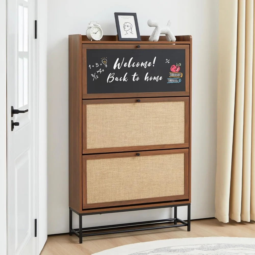 

Shoe Storage Cabinet with 3 Flip Drawers and Blackboard, Freestanding Shoe Cabinet Storage Organizer, Narrow Slim Shoe Racks Ca