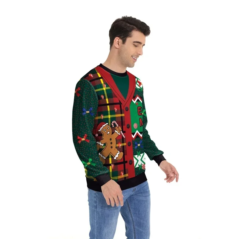 Men Women Xmas Sweatshirt 3D Christmas Wine Glass Bell The Gingerbread Man Print Ugly Christmas Sweater Holiday Party Jumper Top - view 3