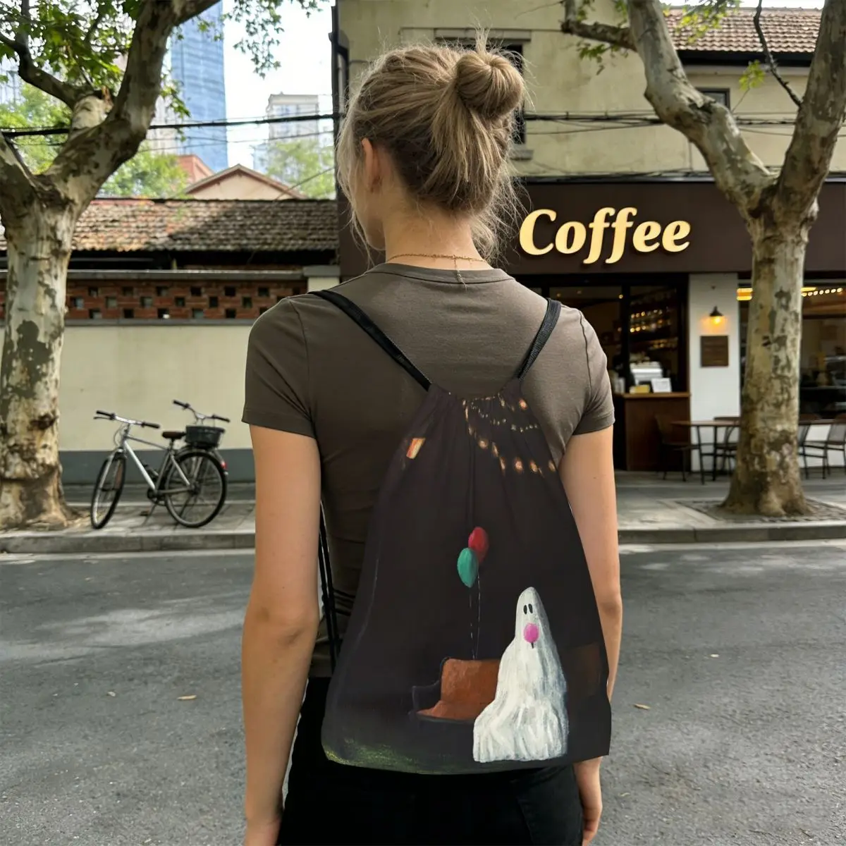 

Ghost Sat On A Bench Under The Streetlight Backpacks Fashion Drawstring Bundle Pocket Sports Bag Book Bags for Man Woman School