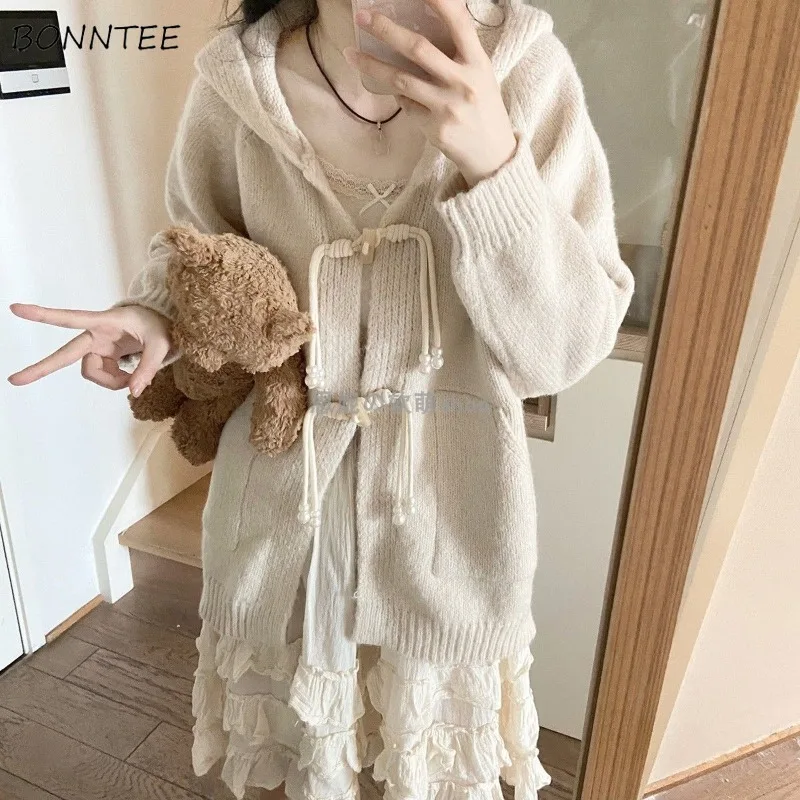 Hooded Cardigans Women Solid Long Sleeve Sweaters Loose Vintage Horn Button Autumn Winter Retro Lace-up  Soft Fluffy Casual