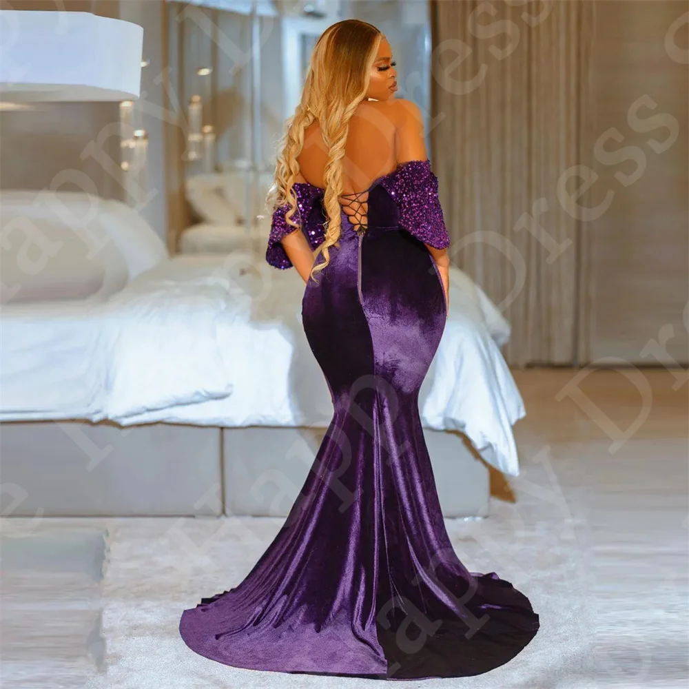 Vestido de baile de sereia com lantejoula, roxo, fino, fora do ombro, veludo, vestido de noite, plus size, coquetel, querida