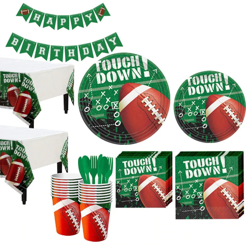 16pcs Football Themed Disposable Cutlery Set Paper Cup Dinner Plate Tissue American Football Themed Party Decoration Cutlery Set