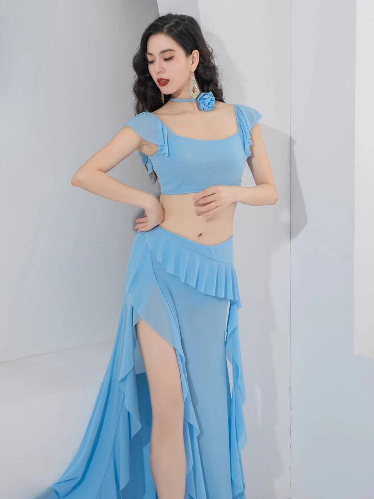Traje de danza del vientre estilo de hadas cinta de hoja de loto ropa de danza Oriental traje de práctica de malla de verano para clase