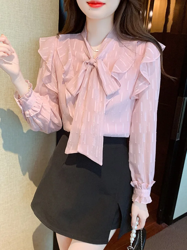 

#3236 Spring Pink Chiffon Shirts Blouse Thin Sexy Bow Collar France Style Vintage Office Blouse Femme Slim Fit Spliced Ruffles