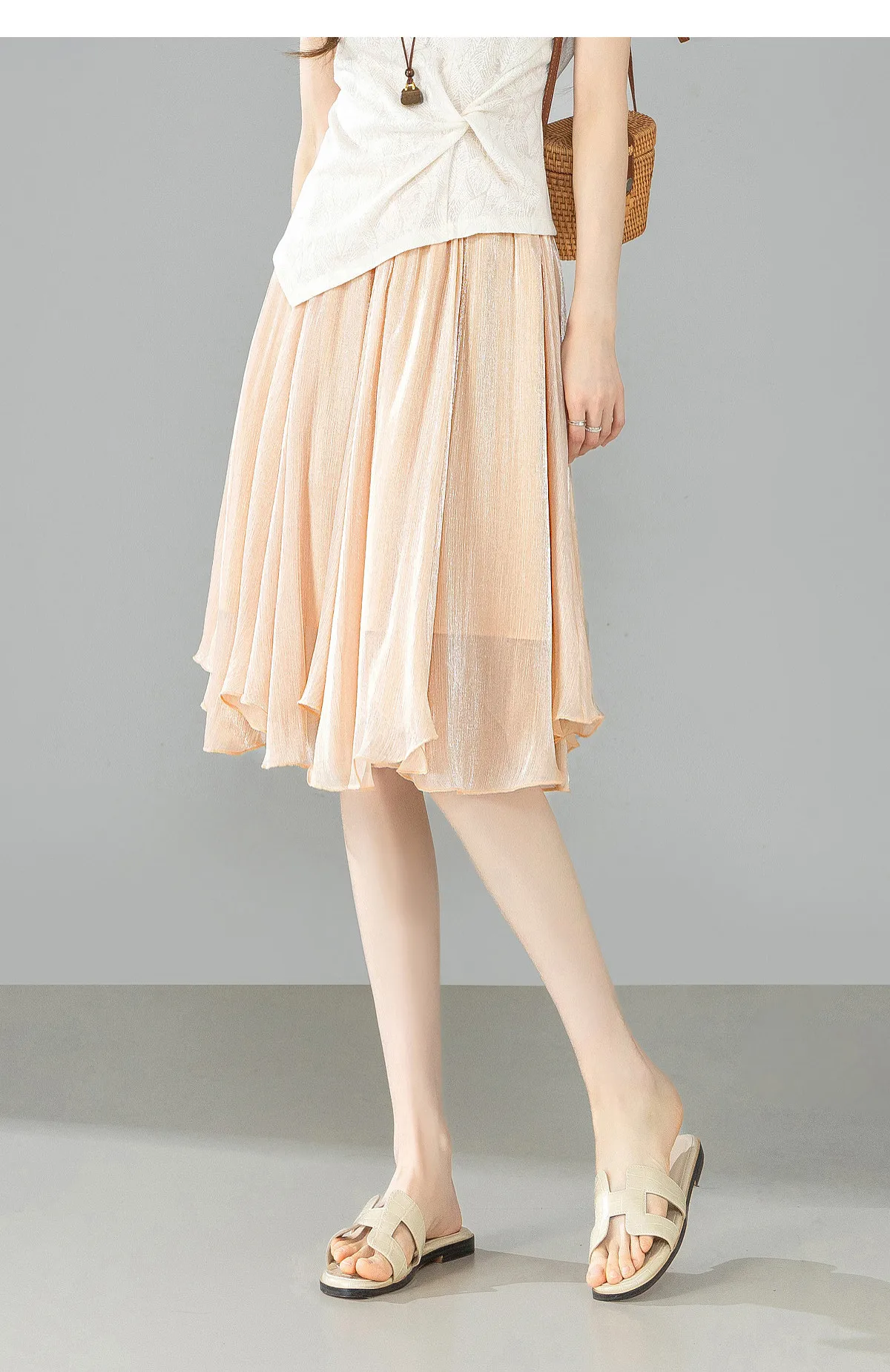 SENTUBILA Weißer Chiffon-Schimmerrock für Damen, Sommer 2026, Eleganter, Elastischer Bund, Unregelmäßiger, Lässiger Schirmrock Q62QG7308 – Detail 28