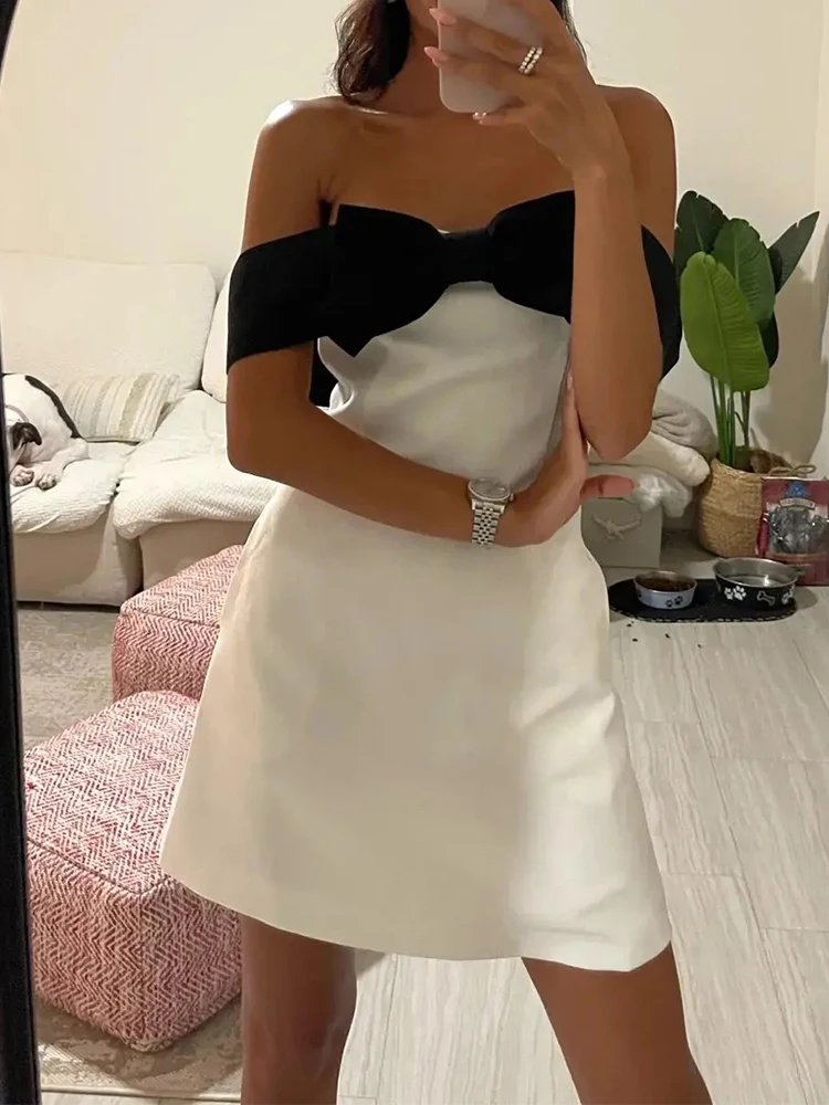 INSCUTEE Sexy Party Mini Dress Women Fashion  Strapless Sleeveless Bodycon Bow Patchwork Dresses White Elegant Club Slim Dress