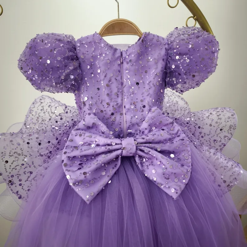 Flower Girls Dress Handmade Lilac Sequin Tulle Dress: Princess Party Formal Wedding Gown