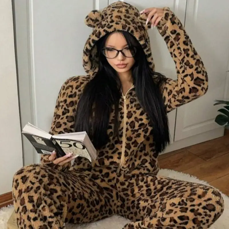 

Coral Velvet Jumpsuit Women Sexy Leopard Hooded Nightwear Home Clothes Warm Winter Autumn Sleepwear Casual Pajamas Loungewear