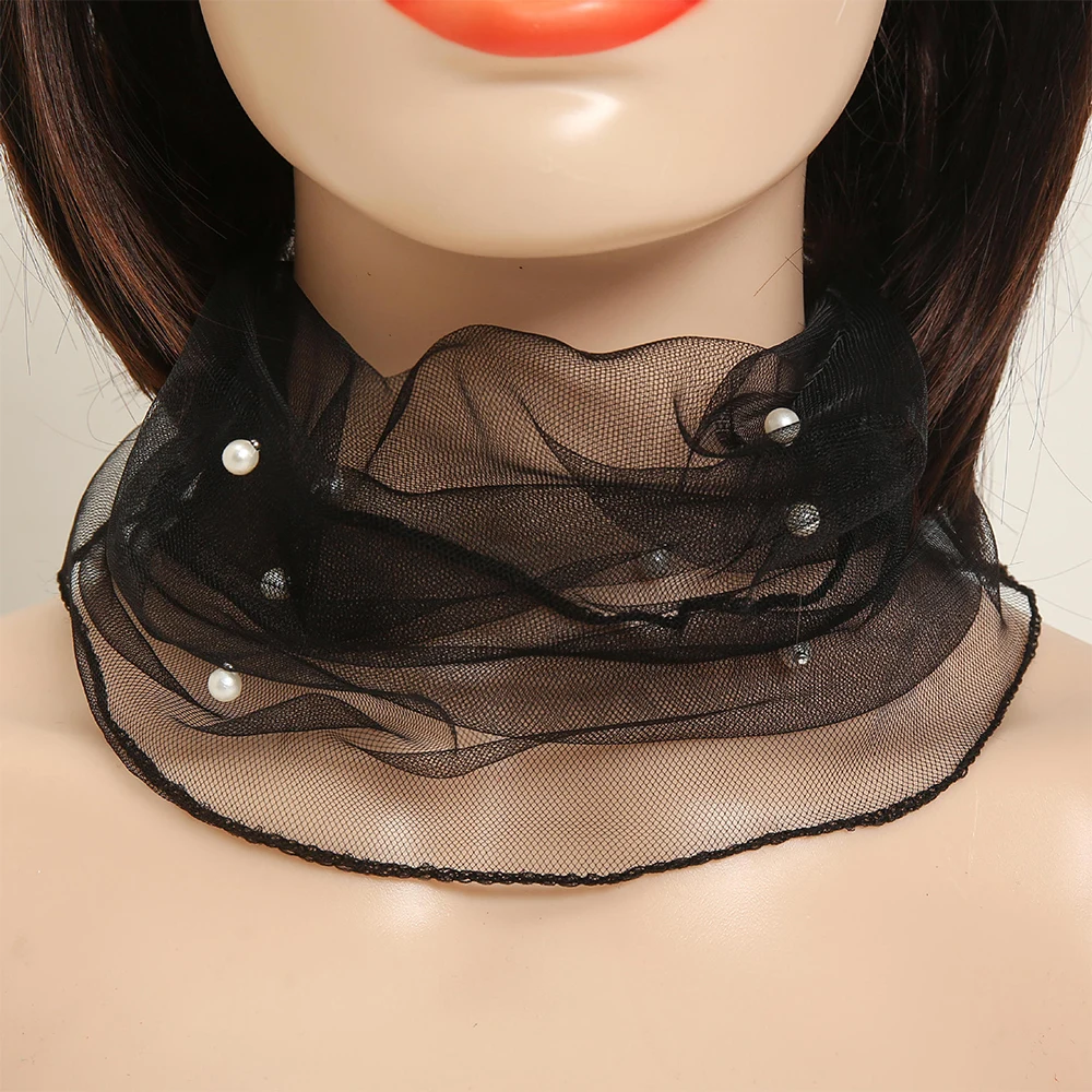 Mesh Fake Pearl Collar Scarf Spring Summer Chiffon Neck Collar Thin Ruffle Neck Cover Sunscreen Variety Small Silk Anti-UV Scarf