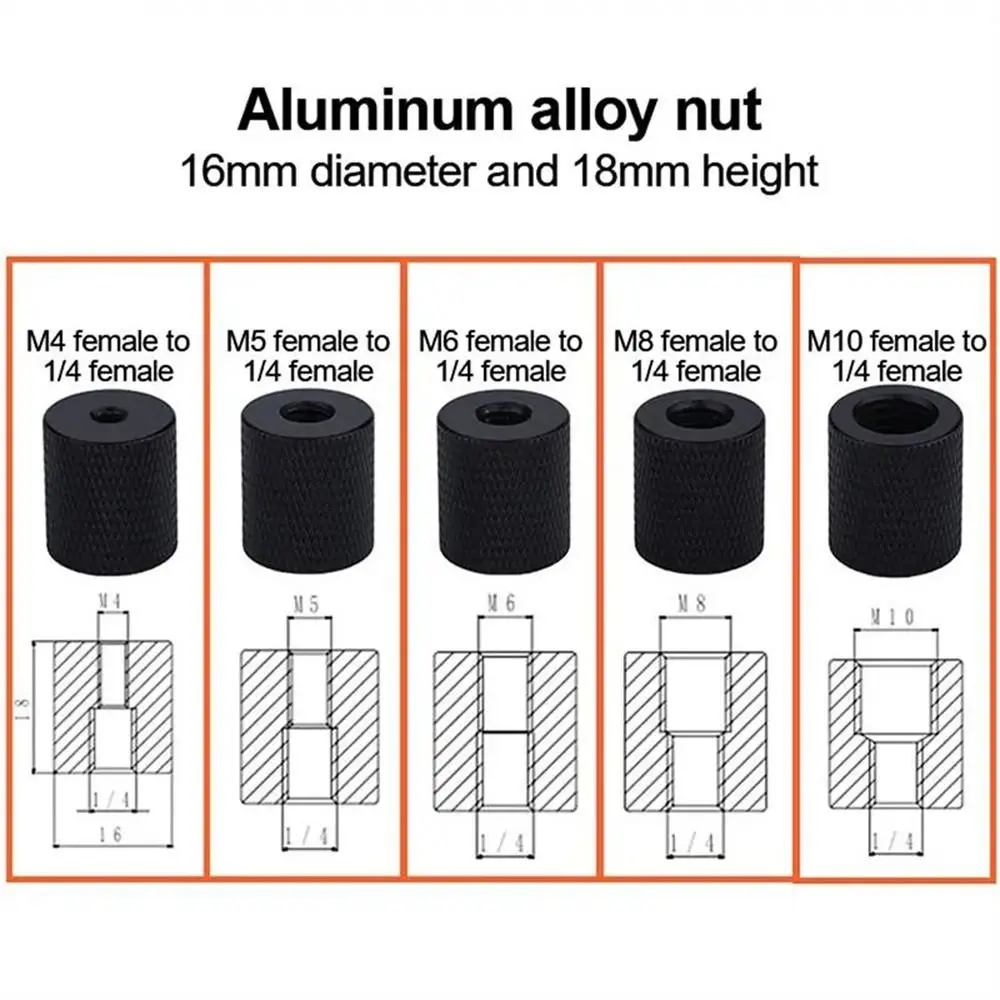 1/4 To M4/M5/M6/M8/M10 Camera Screw Female To Female Double Nut Tripod Conversion Screw Aluminum Black Camera 1/4 Connector